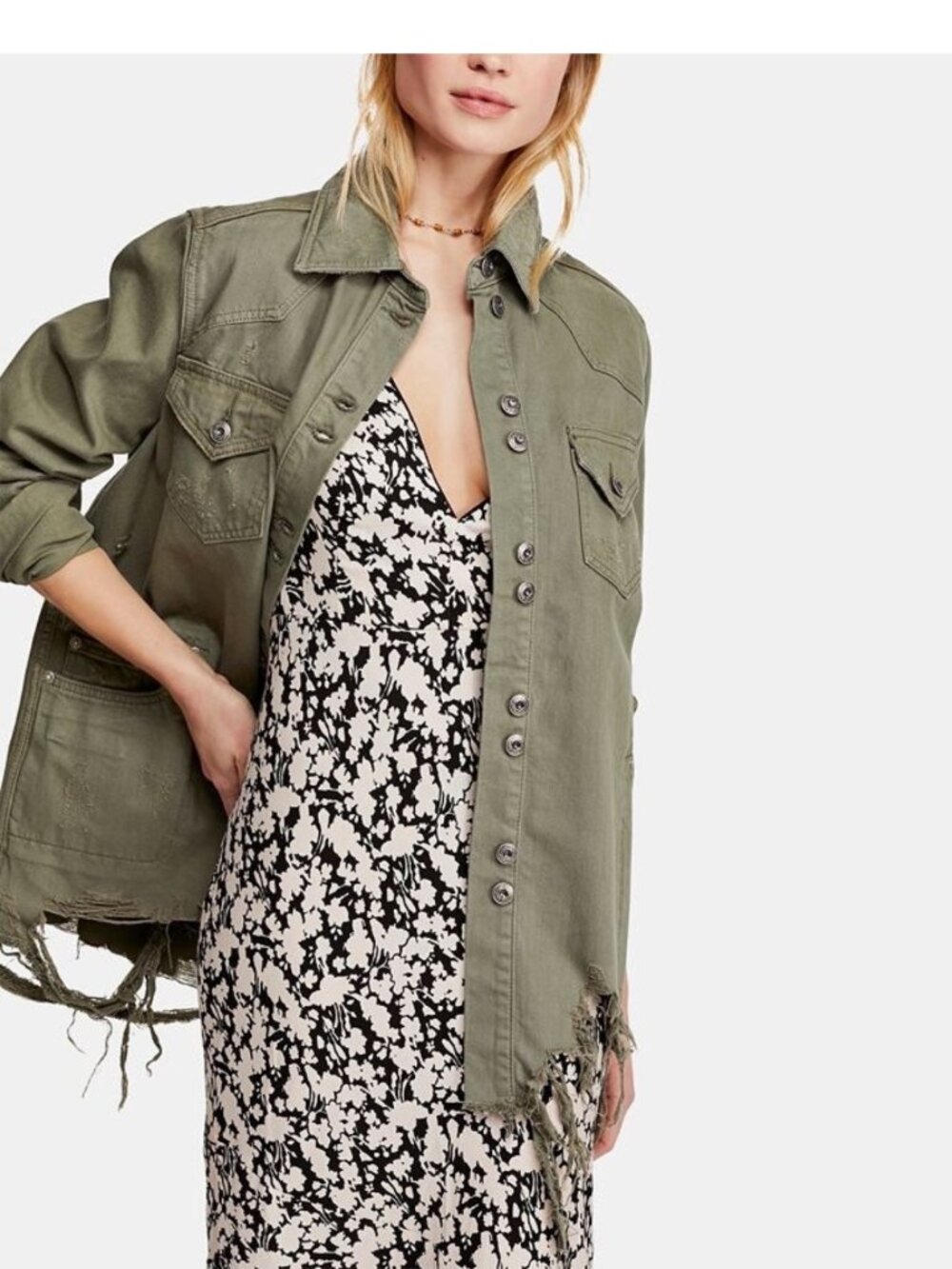 FREE PEOPLE Moonchild Distressed Military Denim Shirt Shacket Olive Green Size S